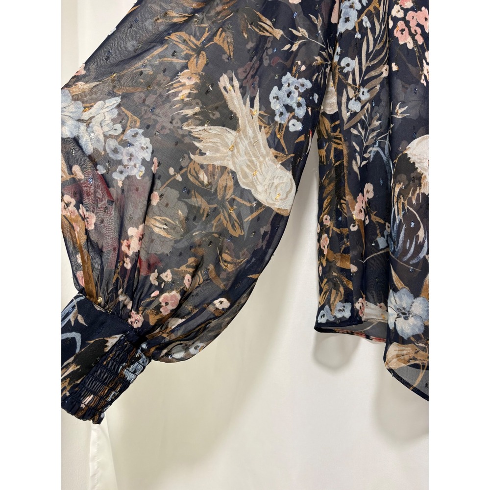 White House Black Market Women's M Navy Floral Bird Sheer Blouse Metallic - Picture 3 of 10